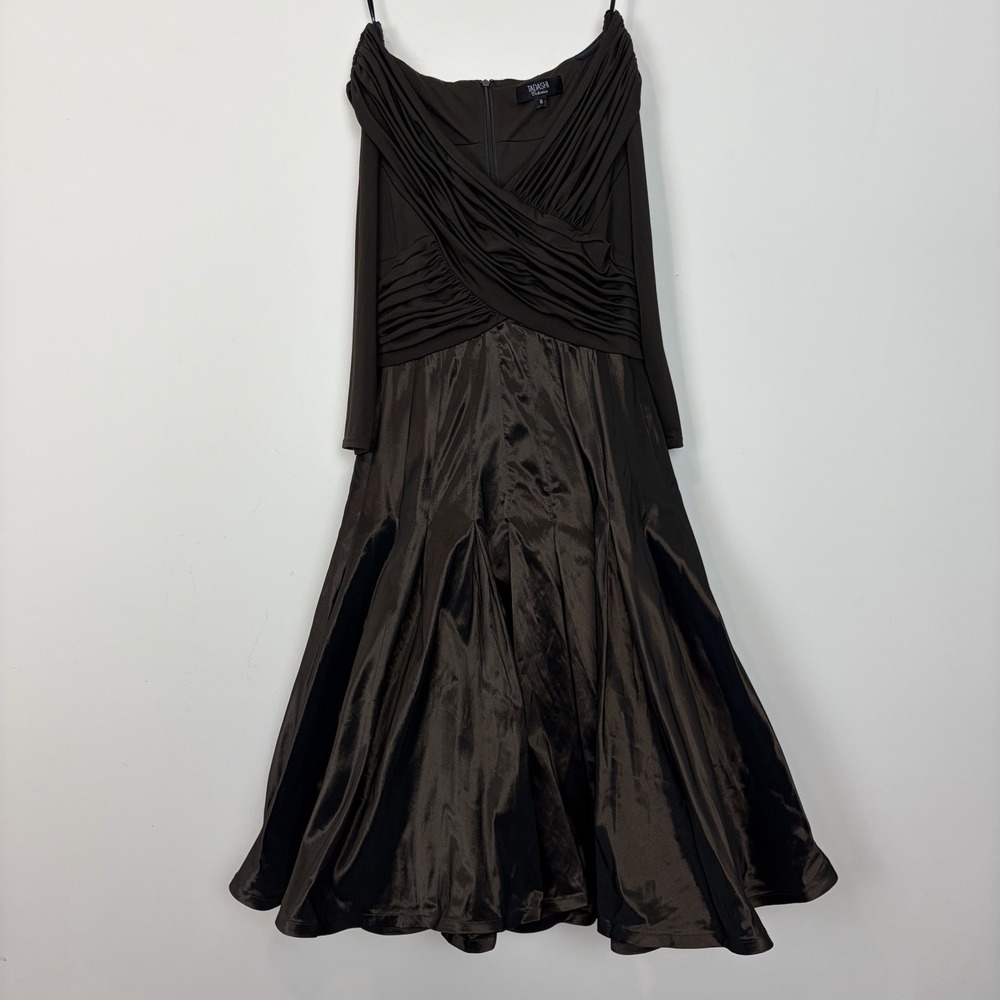 Tadashi Collection Brown Silk Off Shoulder Ruched Bodice Evening Gown‎ Dress 6